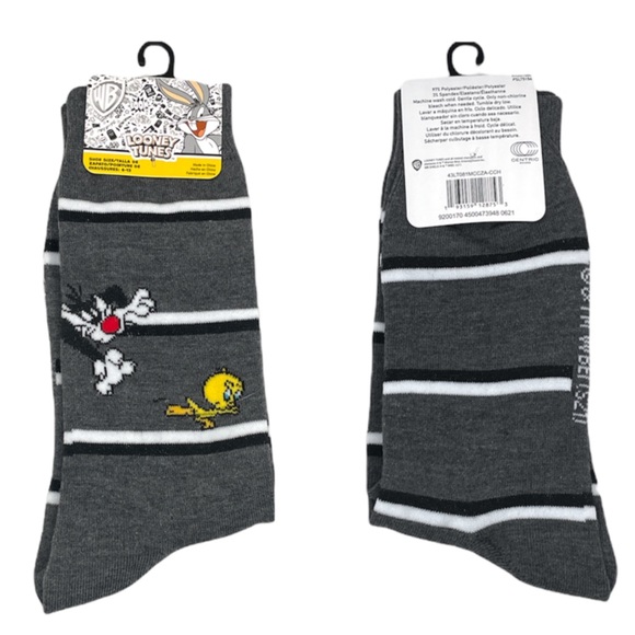 Looney Tunes Sylvester and Tweety Crew Socks, Gray, One Size Fits Most - Picture 7 of 7